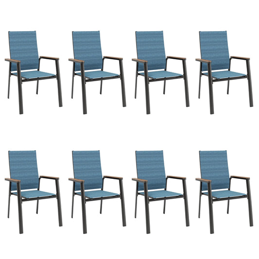 Summit Living Set of 8 Outdoor Patio Dining Stackable Chairs with Aluminum Frame & Textilene Seat, Black & Blue