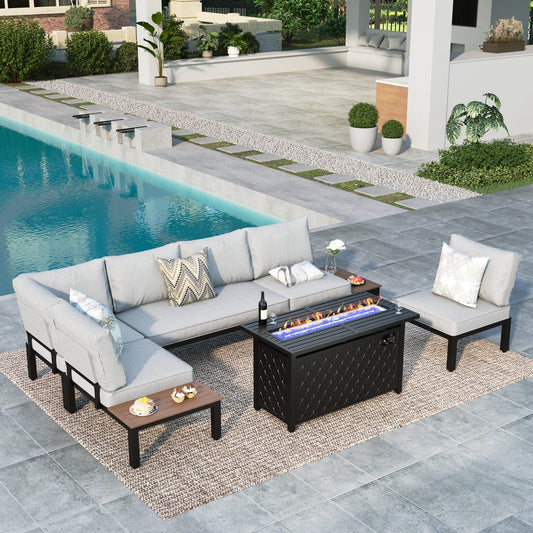 MF Studio 6 Seat Outdoor Patio Conversation Set, Outdoor Sectional Sofa Set with Full Cushions & 5000 BUT Fire Pit Table, Black & Light Gray