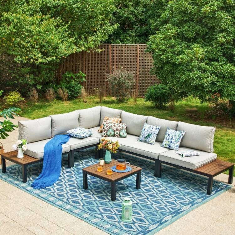 MF Studio 6-seat Patio Conversation Sofa Set Outdoor Sectional Set with Faux Wood Tables, 6-Seat Group with Cushions, Black & Gray