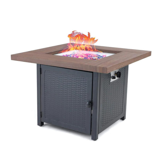 MF Studio Gas Fire Pit Table, 34 50,000BTU Outdoor Progane Firepits for Outside 2 in 1 auto-Ignition Square Patio Fireplace with Blue Fire Glass and Lid, Wood-Like Top