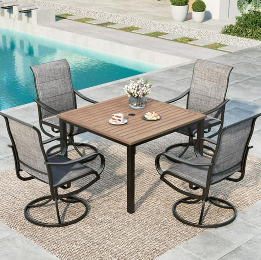 MF Studio 5-Piece Patio Dining Set with High-Back Swivel Sling Chairs & Wood-Like Table for 4-Person, Black & Gray