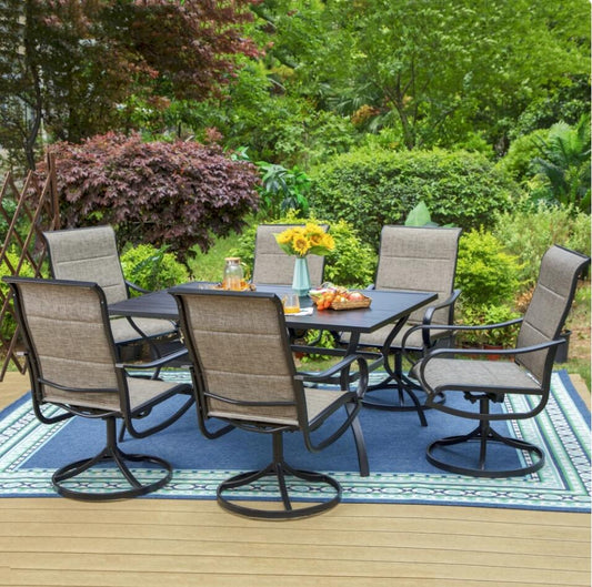 MF Studio 7-Piece Patio Dining Set with 6 High-Back Swivel Padded Sling Chairs & 1 Rectangular Table, Black & Gray