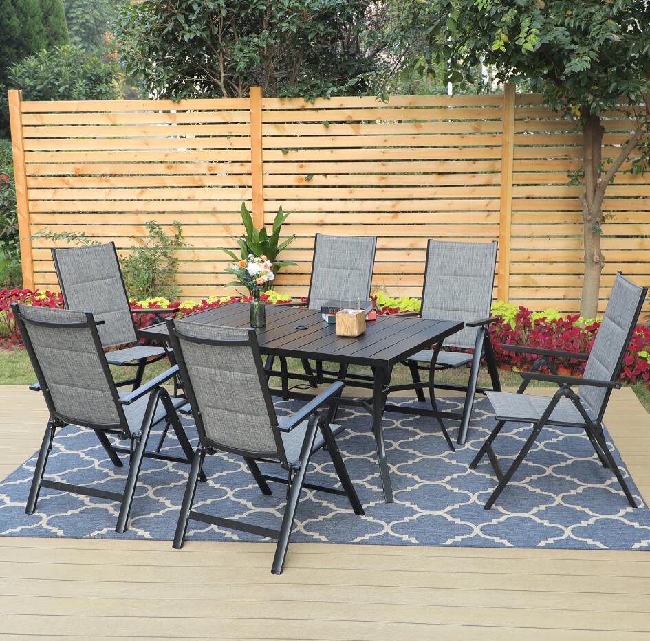 MF Studio 7-Piece Aluminum Outdoor Patio Dining Set with 7-Level Adjustable Textilene Padded Chairs&Rectangular Table Gray