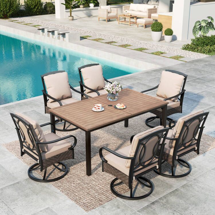 Summit Living 7-Piece Outdoor Dining Set with Swivel Wicker Cushioned Chairs & Light Brown Wood Grain Table, 1.9" Umbrella Hole, Black & Beige