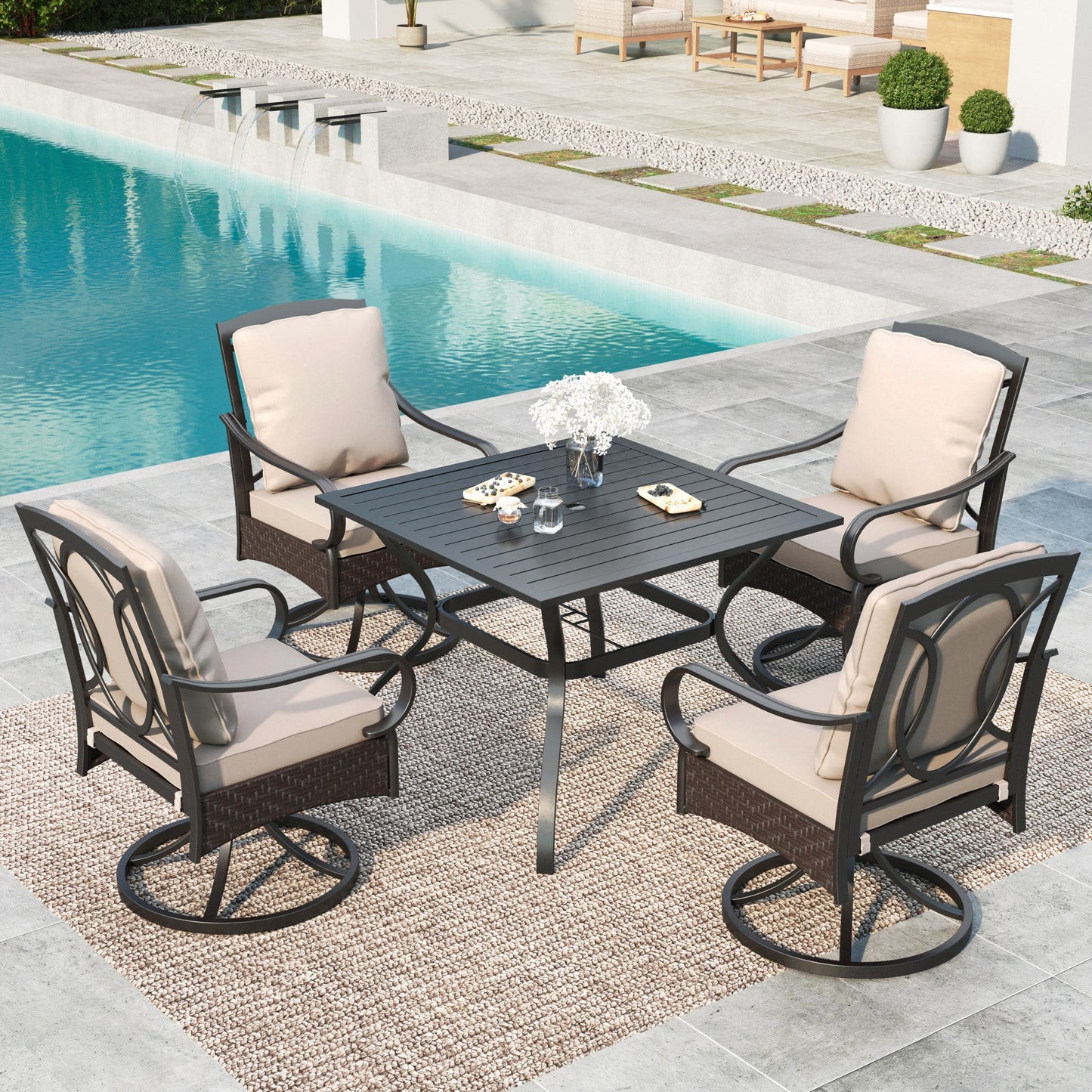 MF Studio 4-seat Outdoor Patio Dining Set with Wicker 350 lbs Capacity Swivel Chairs with Seat & Back Cushions, Slatted Table, Black & Beige