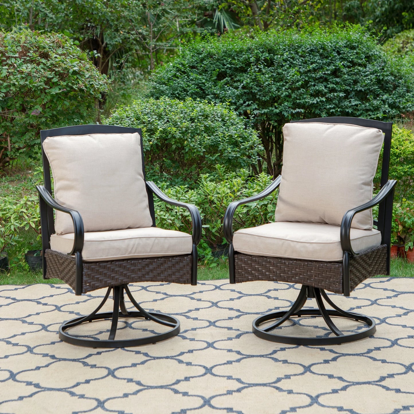 MF Studio 2 Pieces Outdoor Swivel Rocking Motion 350 LBS Capacity Wicker Chairs with Cushions, Black & Beige