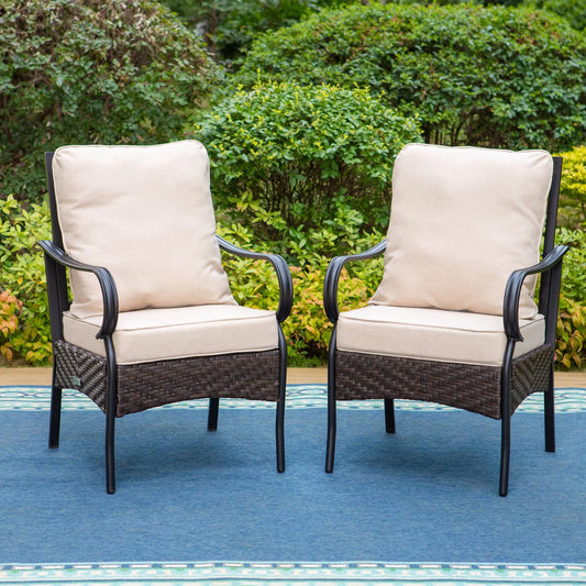 Summit Living 2 Pieces Outdoor Wicker Dining Chairs with Seat & Back Cushions, Black & Beige