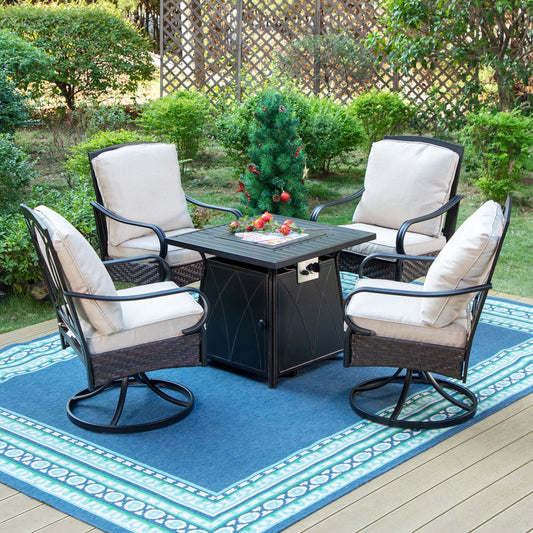 MF Studio 4-Person Patio Conversation Set with 4 Swivel Wicker Cushioned Chairs & Fire Pit Table, 50,000 BTU, Black & Beige