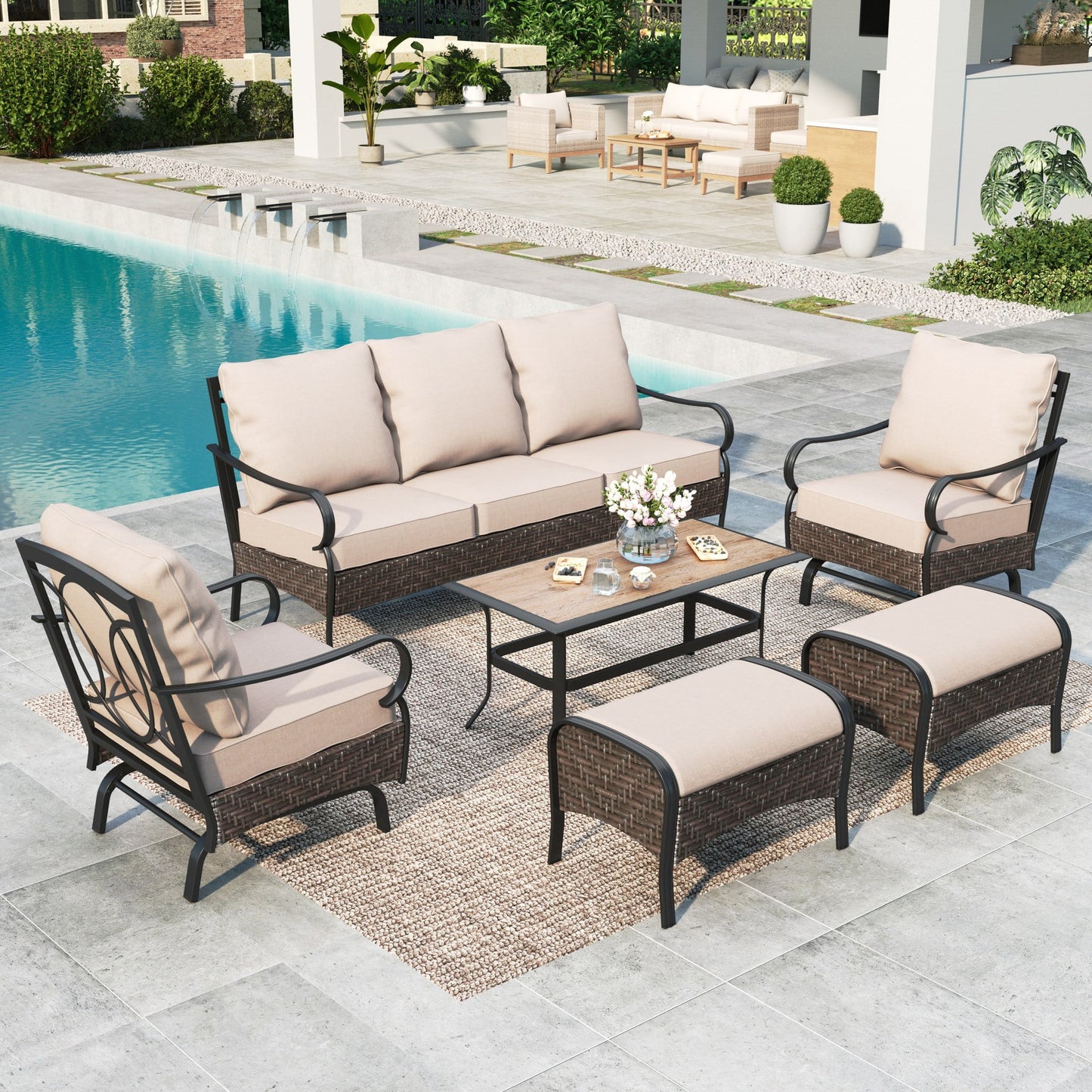 MF Studio 7-Seat Patio Conversation Set with 3-Seat Sofa, 2 Rocking Chairs, 2 Ottomans & Wood-Like Table, Black & Beige