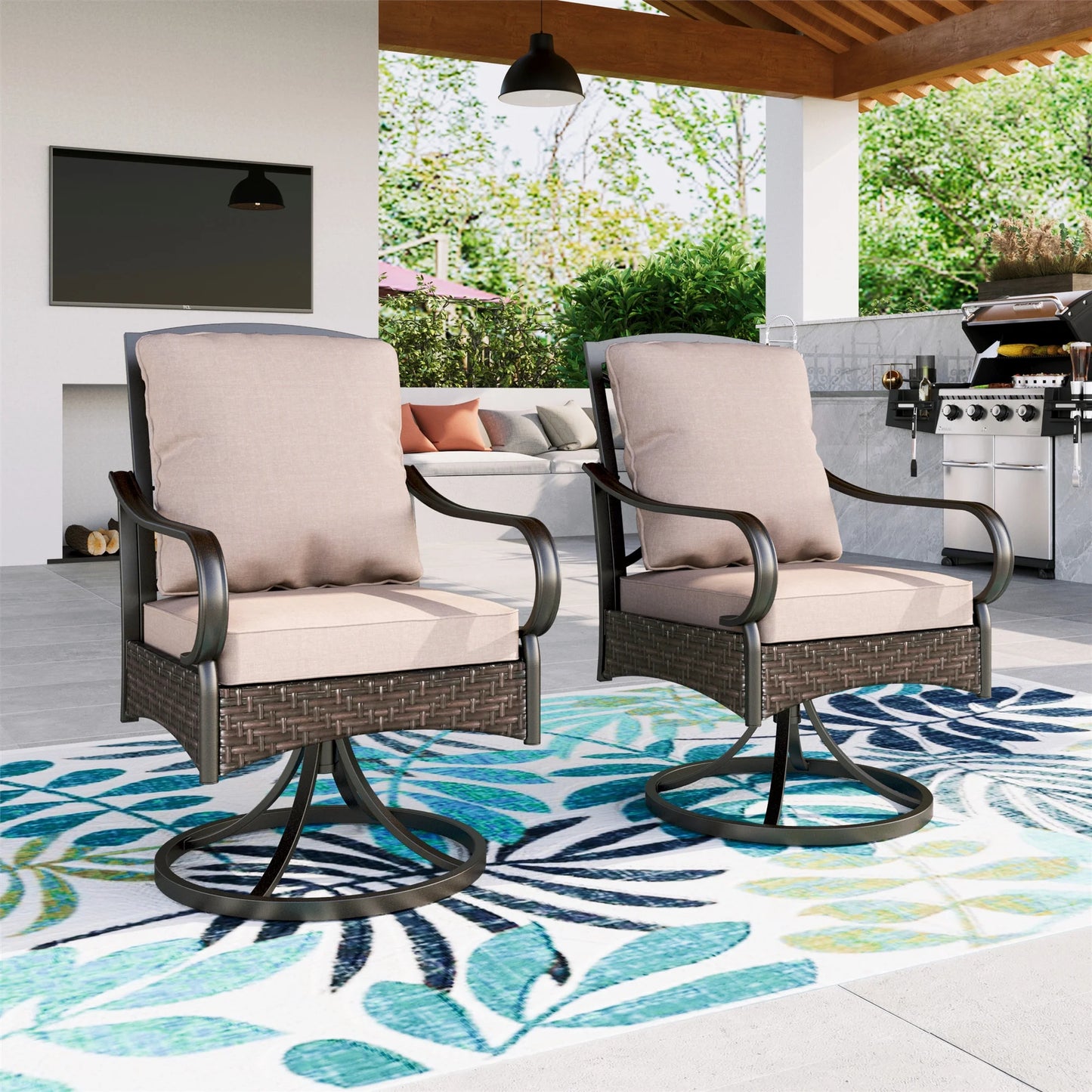 Summit Living Set of 2 Outdoor Patio Swivel Dining Chairs with Wicker Frame & Cushions, Black & Beige