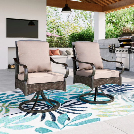 Summit Living Set of 2 Outdoor Patio Swivel Dining Chairs with Wicker Frame & Cushions, Black & Beige