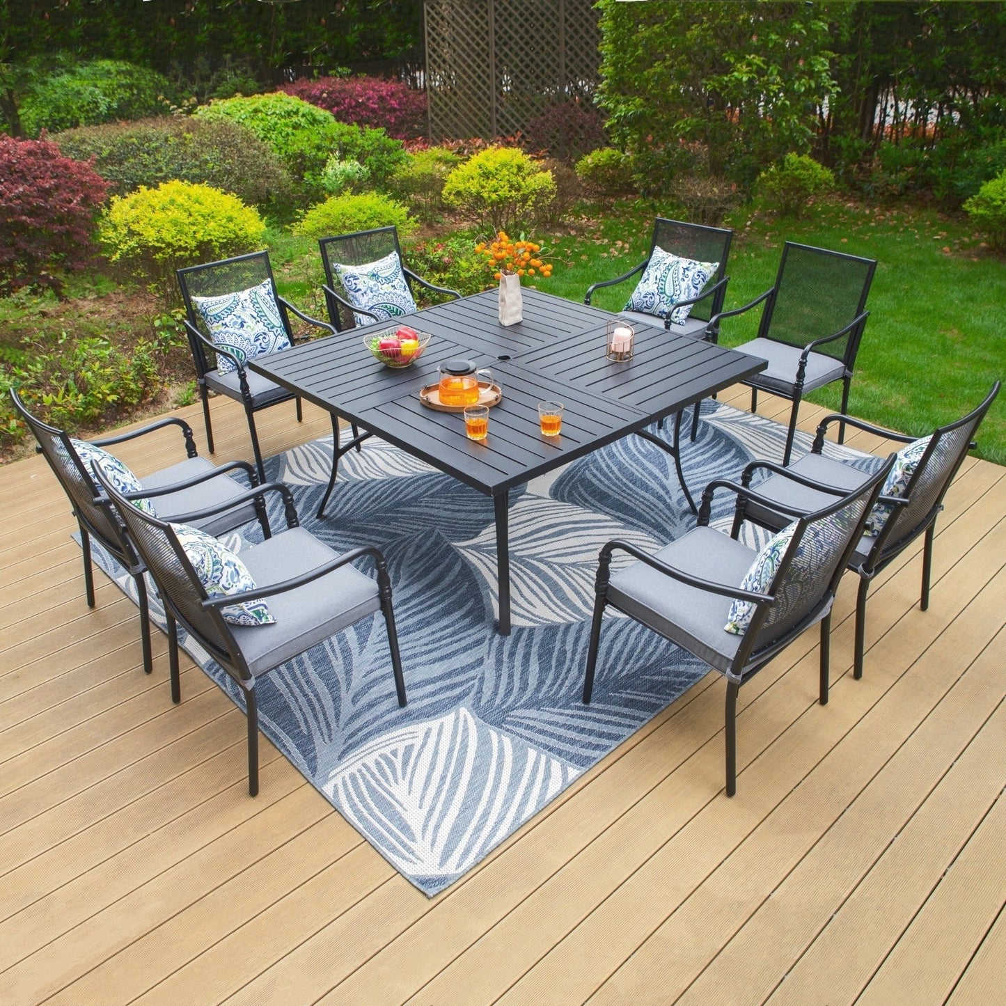 Summit Living 9-Piece Outdoor Dining Set, 8 PCS Steel Mesh Chairs with Cushions & 1 Large Square Table with Umbrella Hole, Black & Gray