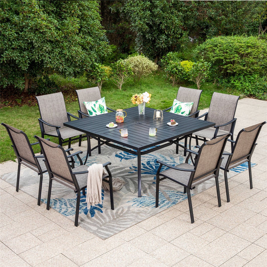 Summit Living 9-Piece Patio Outdoor Dining Set with Large Square Table & 350LBS Textilene Chairs for 8-Person, Black & Gray Brown