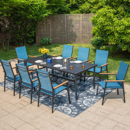 Summit Living 9-Piece Outdoor Patio Dining Set, Blue Stackable Aluminum Armchair & Large 83" Steel Patio Table with Umbrella Hole