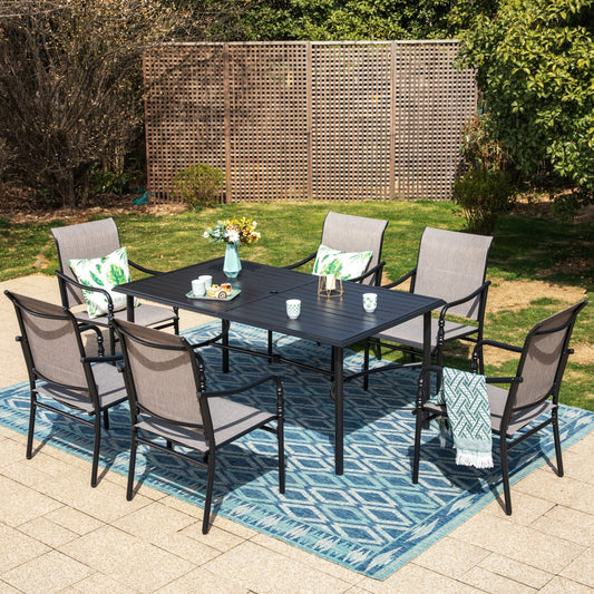 Summit Living 7-Piece Outdoor Patio Dining Set, 6 Textilene Rococo Style Armchair & 67" Steel Outdoor Table with Umbrella Hole, Black & Brown-Gray