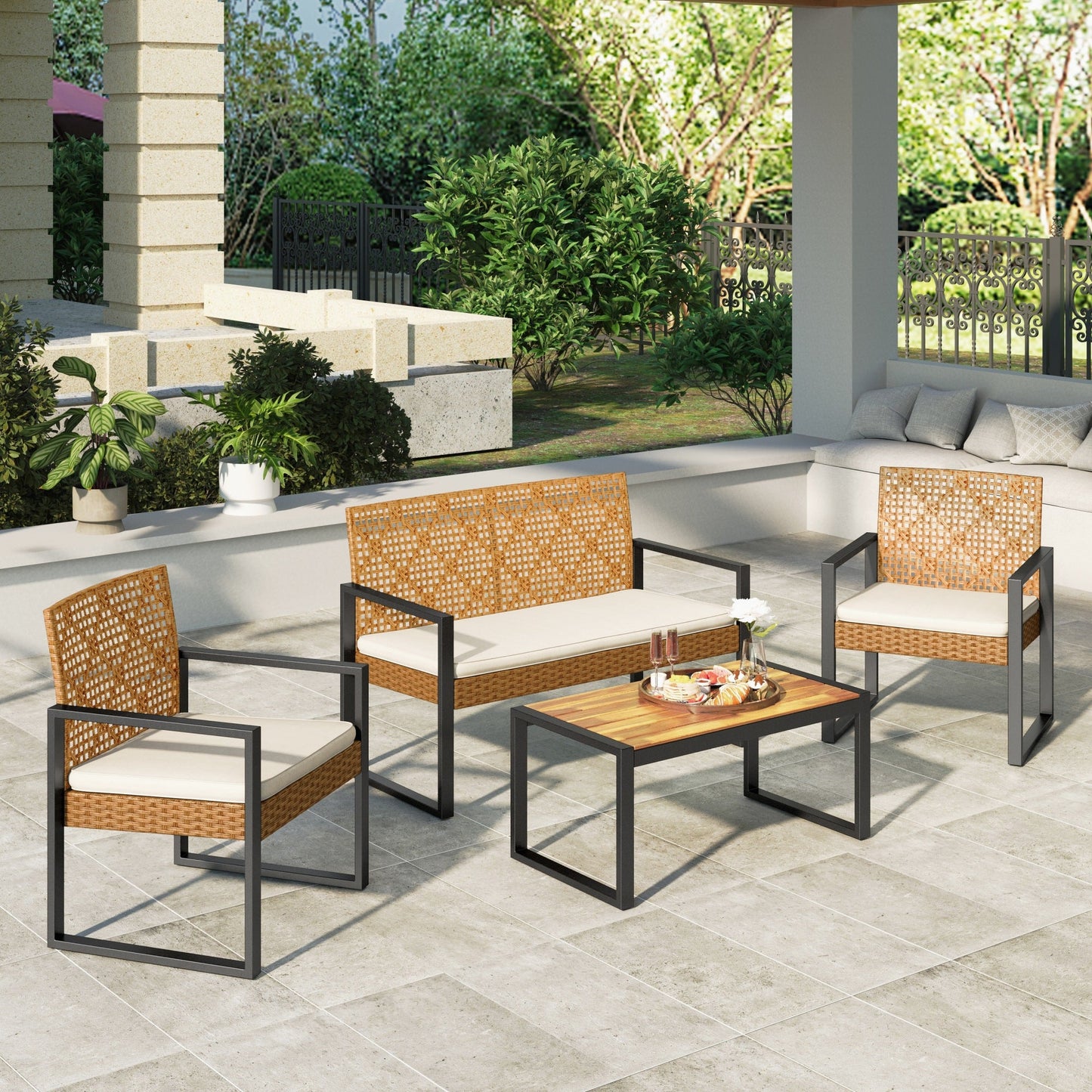 MF Studio 4-Piece Rattan Patio Conversation Set with Cushions, Outdoor Wicker Furniture