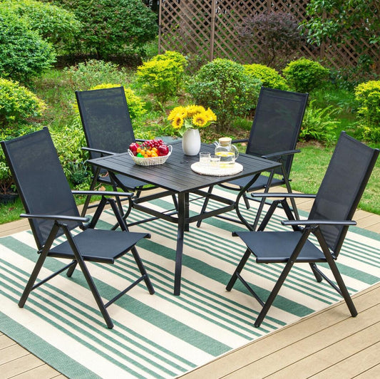 MF Studio 5-Piece Outdoor Dining Set, 7-Level High Back Folding Sling Chairs & Square Metal Table for 4-Person, Black