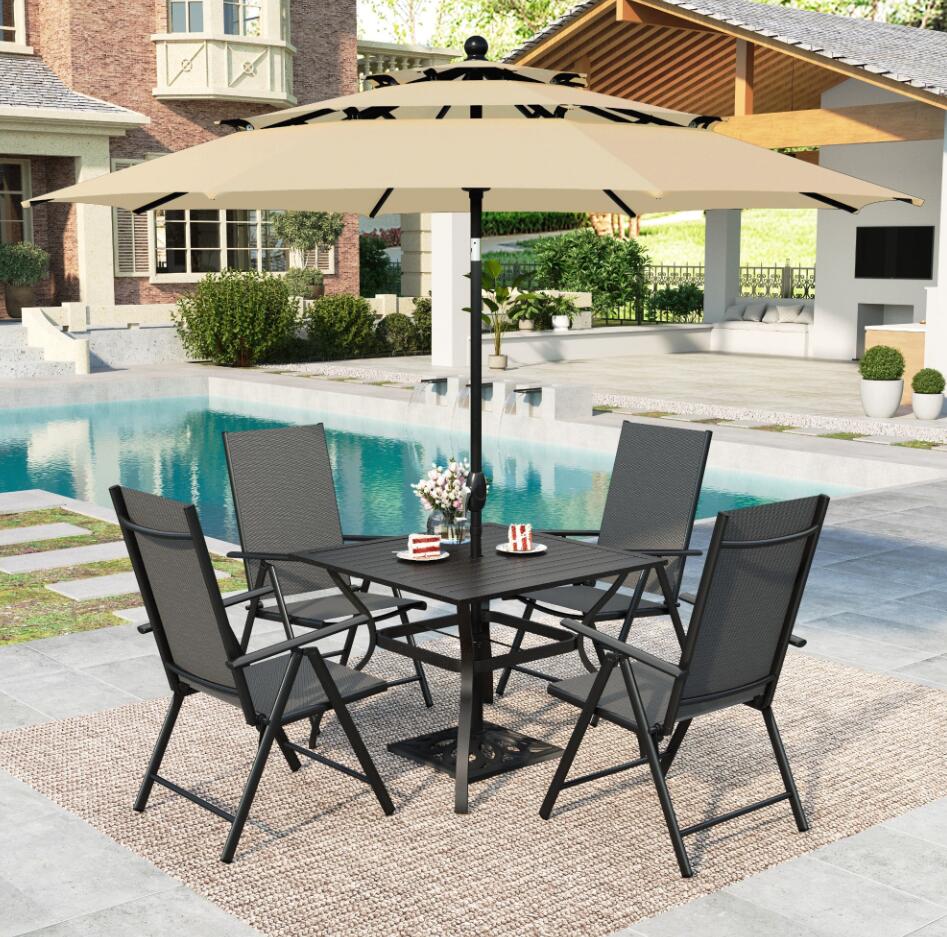 MF Studio 6-Piece Aluminum Outdoor Patio Dining Set with 3-Tier Umbrella, 4-Piece 7-Level Adjustable Folding Sling Chairs& Square Dining Table, Black& Beige