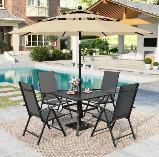 MF Studio 6-Piece Aluminum Outdoor Patio Dining Set with 3-Tier Umbrella, 4-Piece 7-Level Adjustable Folding Sling Chairs& Square Dining Table, Black& Beige