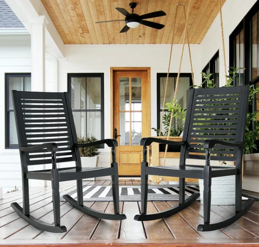 MF Studio 2PCS Classic Outdoor Acacia Wood Rocking Chair Black, Adirondack Rocker Wooden Nantucket Rocking Chair for Garden, Balcony and Indoor, Black