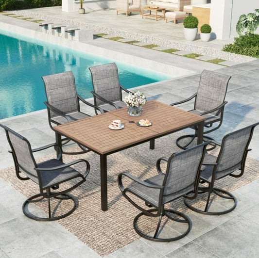 MF Studio 7-Piece Outdoor Dining Set with High-Back Swivel Padded Chairs & Wood-Like Table for 6, Black & Brown-Gray