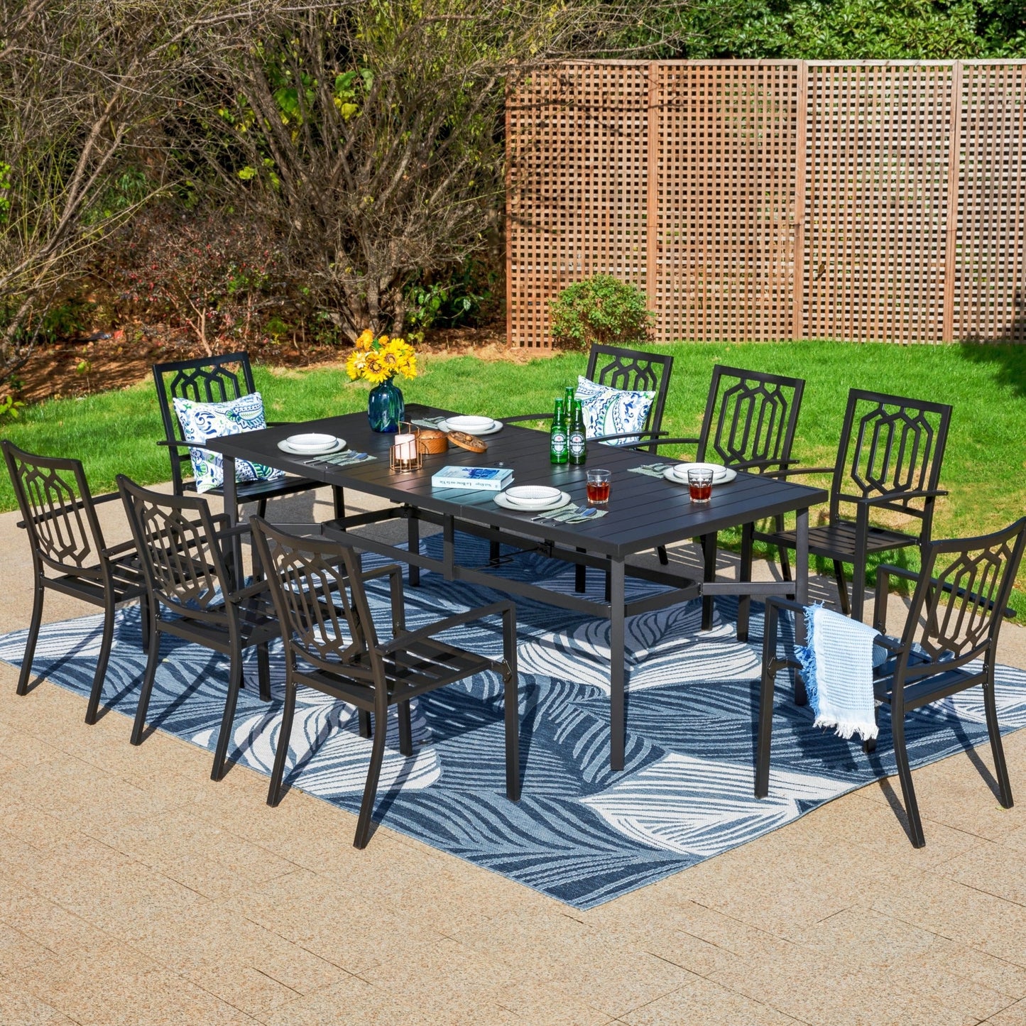 MF Studio 9-Piece Outdoor Patio Dining Set with 8-Person Table & Stacking Chairs, Geometric Pattern, Black