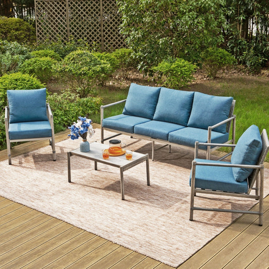 Summit Living 5-Seat Farmhouse Patio Conversation Set with 3-Seat Sofa, 2 Lounge Chairs & 1 Table, Metal Frame & Wicker Back, Blue