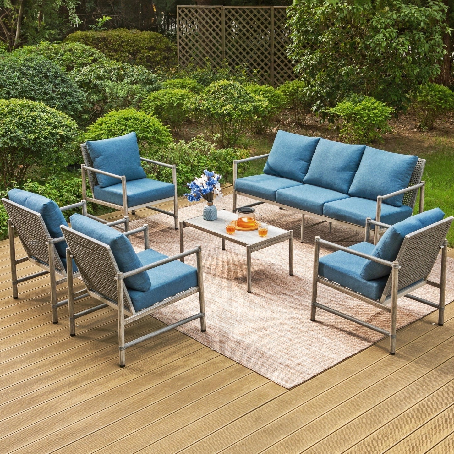 Summit Living 7-Seat Farmhouse Patio Conversation Set with 3-Seat Sofa, 4 Lounge Chairs & 1 Table, Metal Frame & Wicker Back, Blue