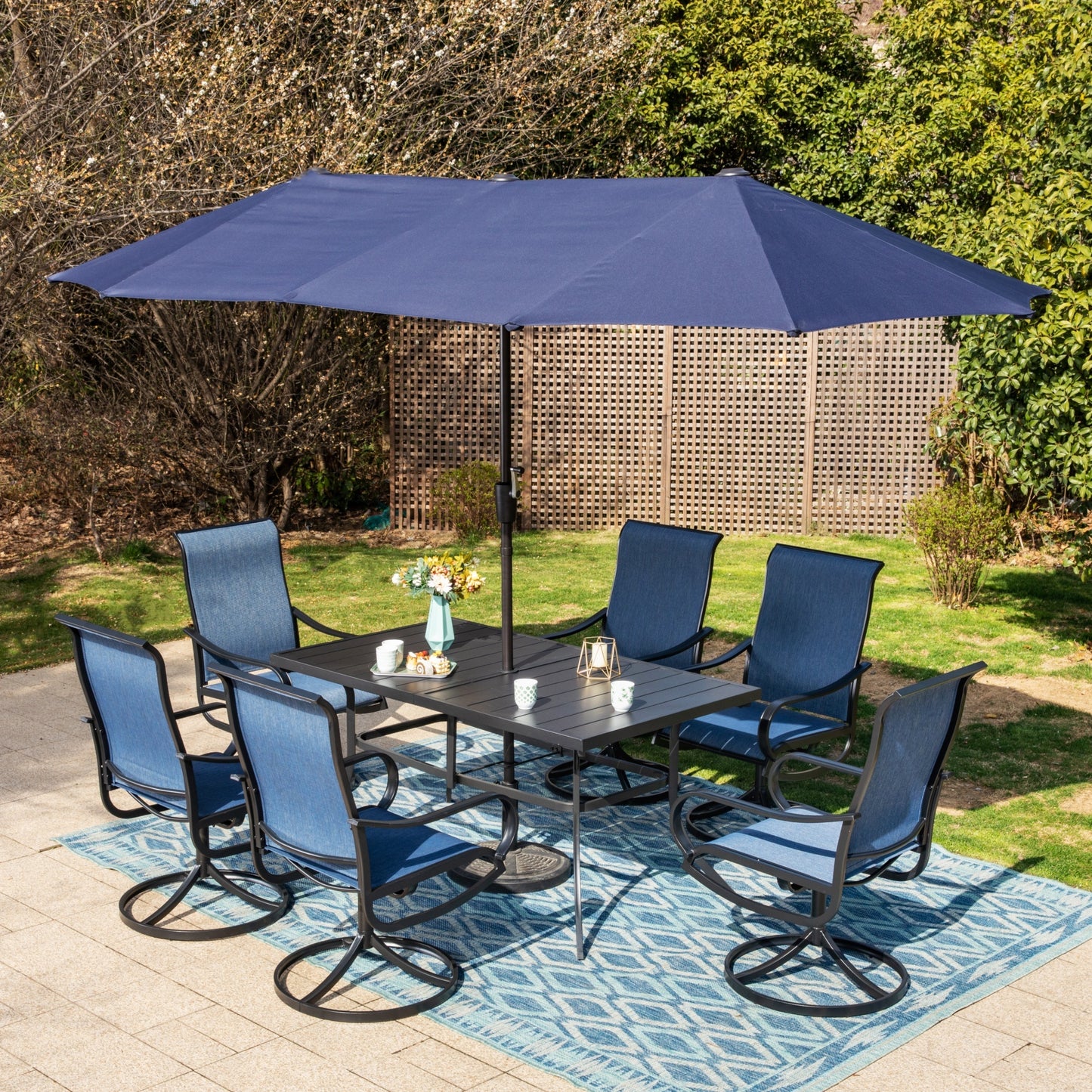 Summit Living 8-Piece Outdoor Patio Dining Set with 13ft Navy Blue Patio Umbrella, 6 Textilene Outdoor Swivel Chairs & 1 Large Metal Rectangle Table, Blue & Black