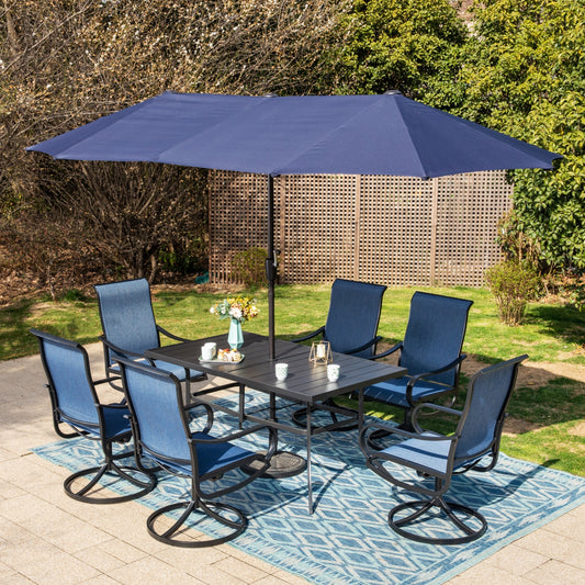 Summit Living 8-Piece Outdoor Patio Dining Set with 13ft Navy Blue Patio Umbrella, 6 Textilene Outdoor Swivel Chairs & 1 Large Metal Rectangle Table, Blue & Black