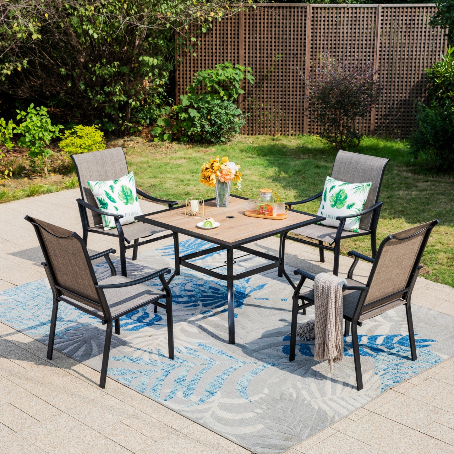 Summit Living 5-Piece 350 lbs Capacity Outdoor Dining Set with Textilene Chairs & Wood Grain Table, Black & Gray Brown