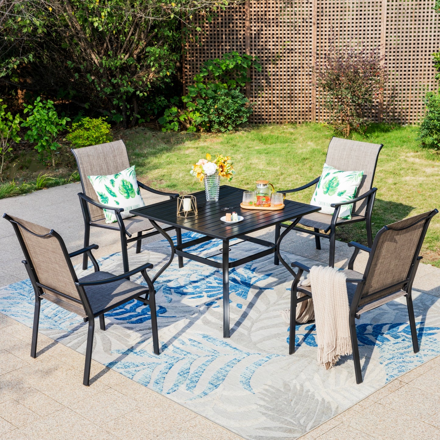 Summit Living 5-Piece 350 lbs Capacity Outdoor Dining Set with Textilene Chairs & Square Table, Black & Gray Brown