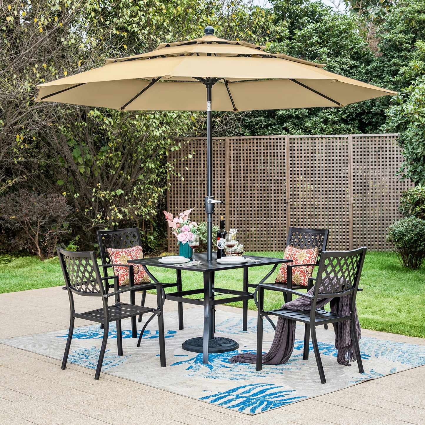 MF Studio 6-Piece Outdoor Dining Set with 10 ft Umbrella, 4 Stacking Chairs & Square Table for 4-Person, Black & Beige