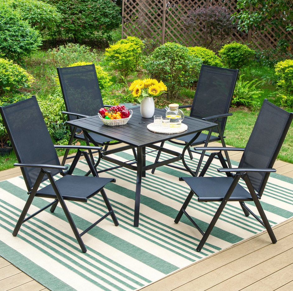 MF Studio 5-Piece Patio Dining Set with Aluminum Folding Chairs & Square Table for 4, Black