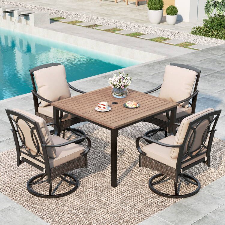 Summit Living 5-Piece Outdoor Dining Set with Wicker Cushioned Chairs & Light Brown Wood Grain Table, 1.9" Umbrella Hole, Black & Beige