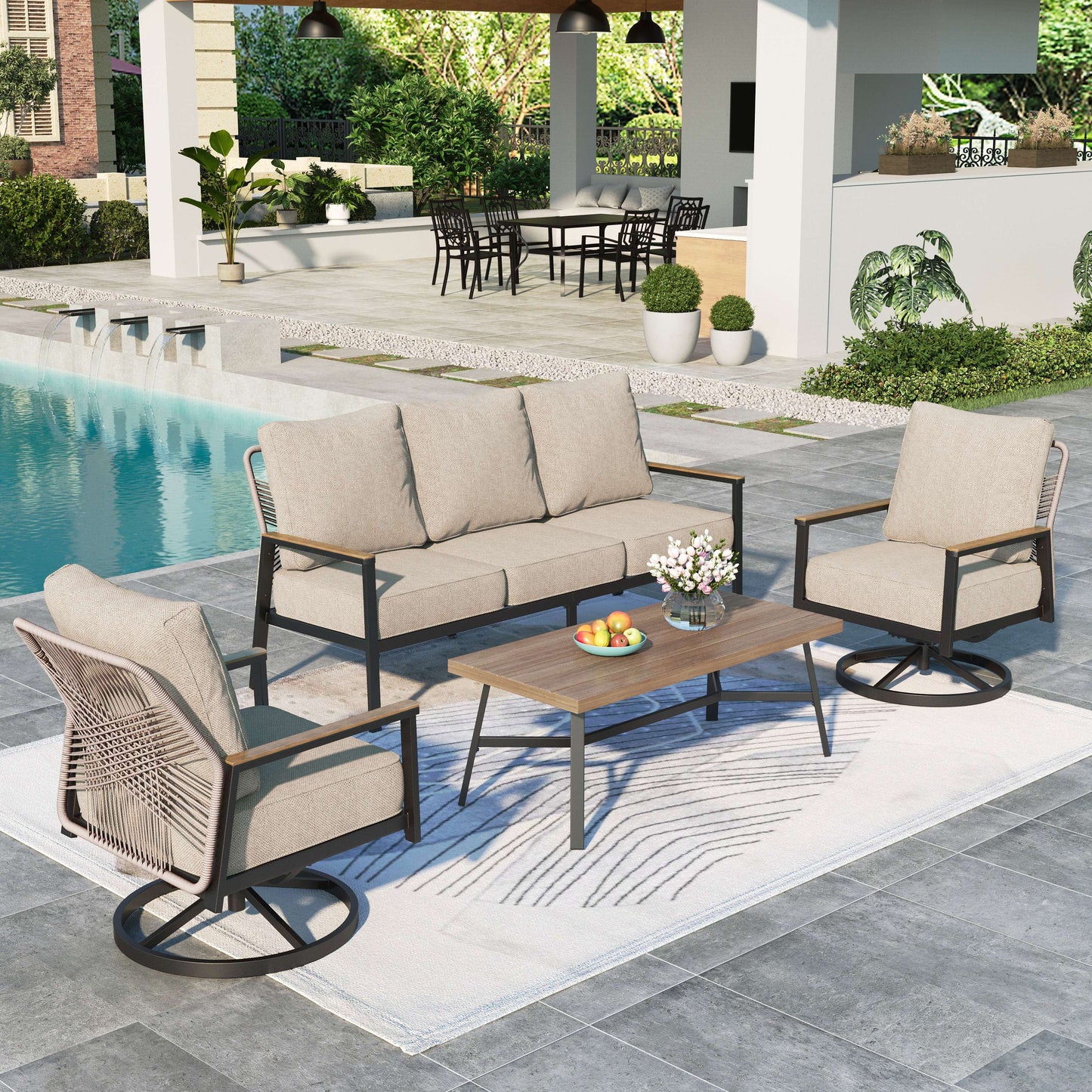 Summit Living 5-Seat Patio Conversation Set, 2 Swivel Chairs & 3-Seat Sofa with Coffee Table, 4-Piece Rattan Outdoor Furniture Set, Beige