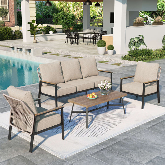 Summit Living 5-Seat Patio Conversation Set, 2 Fixed Chairs & 3-Seat Sofa with Coffee Table, 4-Piece Rattan Outdoor Furniture Set, Beige