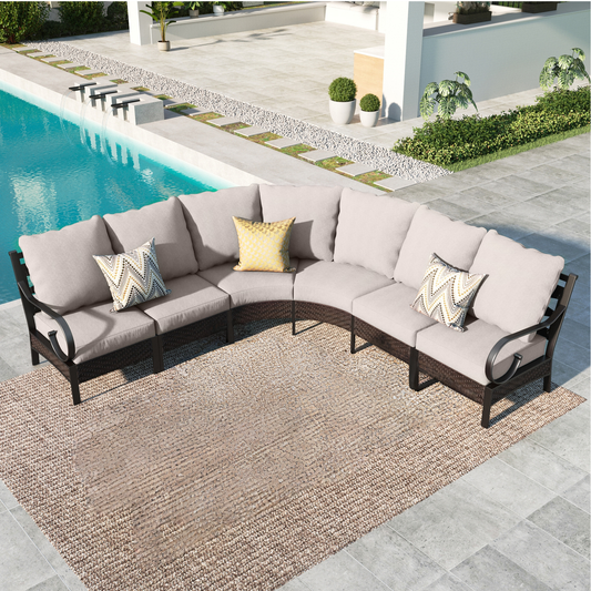 Summit Living 6-seat Patio Furniture Set, Half-moon Outdoor Sectional Set Conversation Set, Black Steel Frame & Beige Cushions