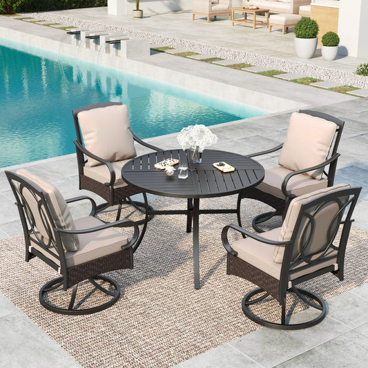 MF Studio 5-Piece Patio Dining Set, Wicker Swivel Chairs with Seat & Back Cushions & Round Table, Black & Beige