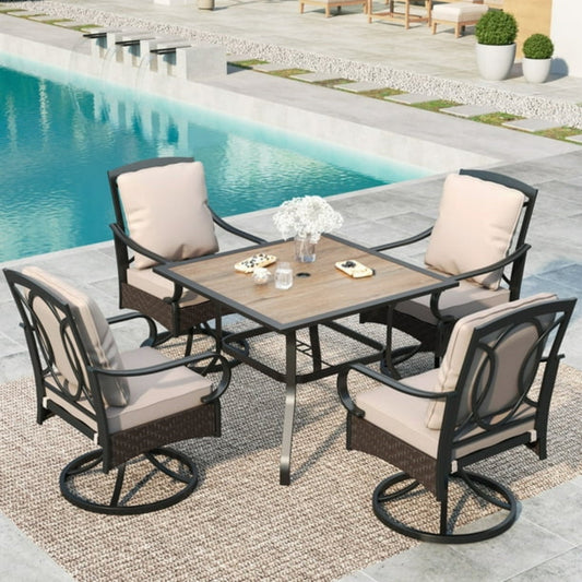 MF Studio 5-Piece Outdoor Patio Dining Set with Wicker Swivel Chairs with Seat & Back Cushions, Wood-Like Table, Black & Beige