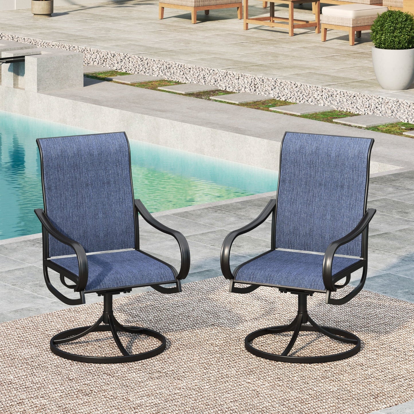 MF Studio Set of 2 Outdoor Patio Swivel Dining Chairs with Breathable Textilene Seat, Black & Blue