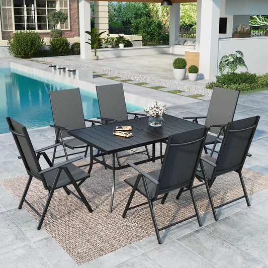 MF Studio 7-Piece Patio Dining set with 6 Outdoor Folding Adjustable High-Back Chairs and Rectangular Table, Black and Blue