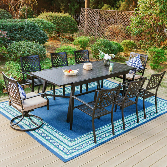 MF Studio 9-Piece Outdoor Dining Set with Expandable Table & Swivel Cushioned Chairs for 8-Person, Black & Beige