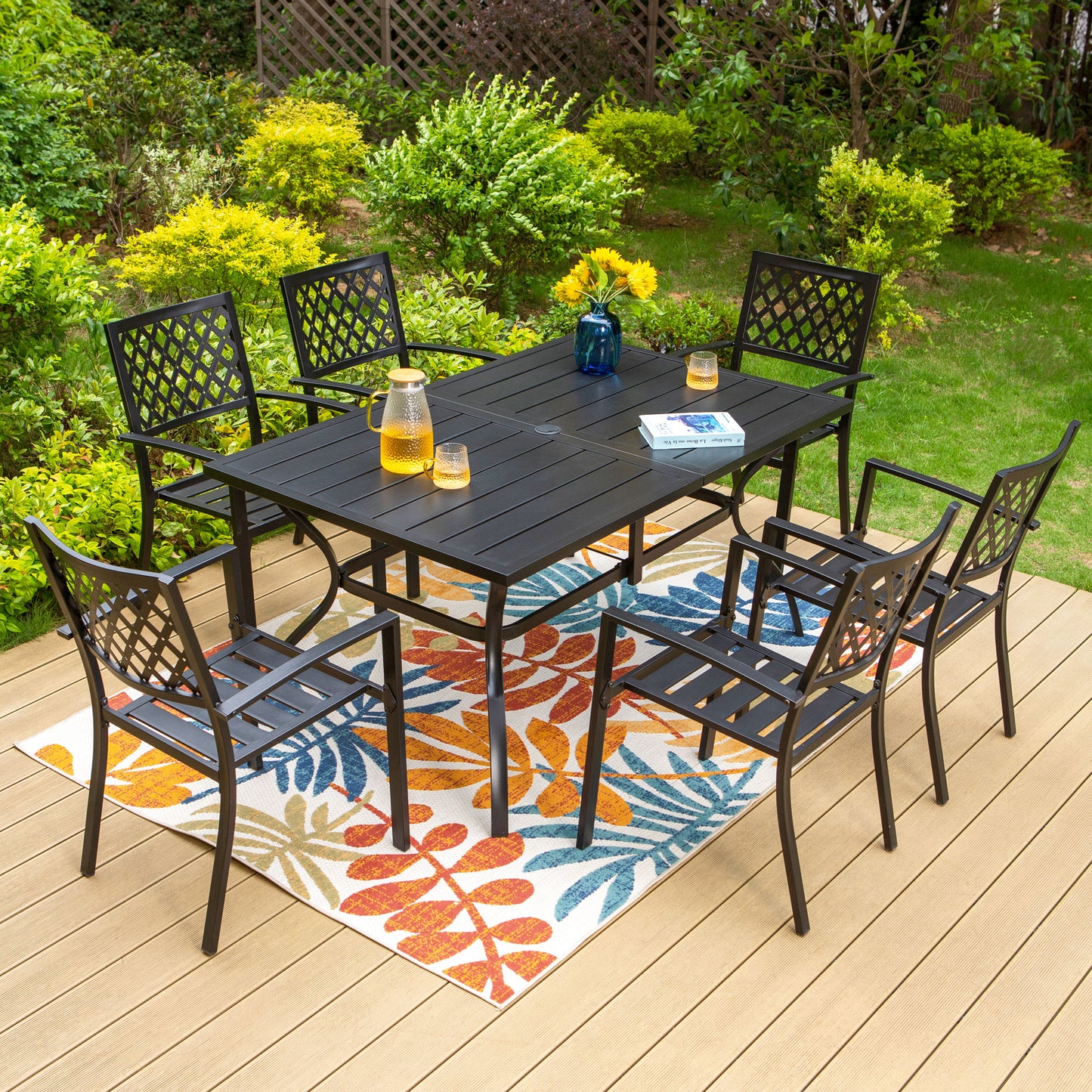 Summit Living 7-Piece Outdoor Dining Set with Six Chairs & Rectangle Table, All-Weather, Black