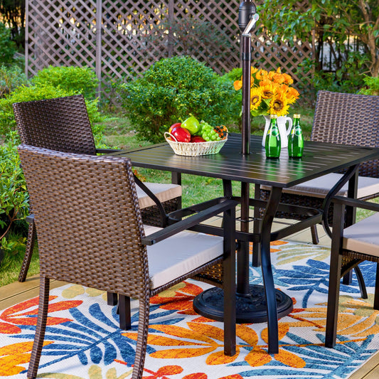 MF Studio Patio Dining Set with 4 Rattan Armchairs and Steel Square Table, Brown and Black