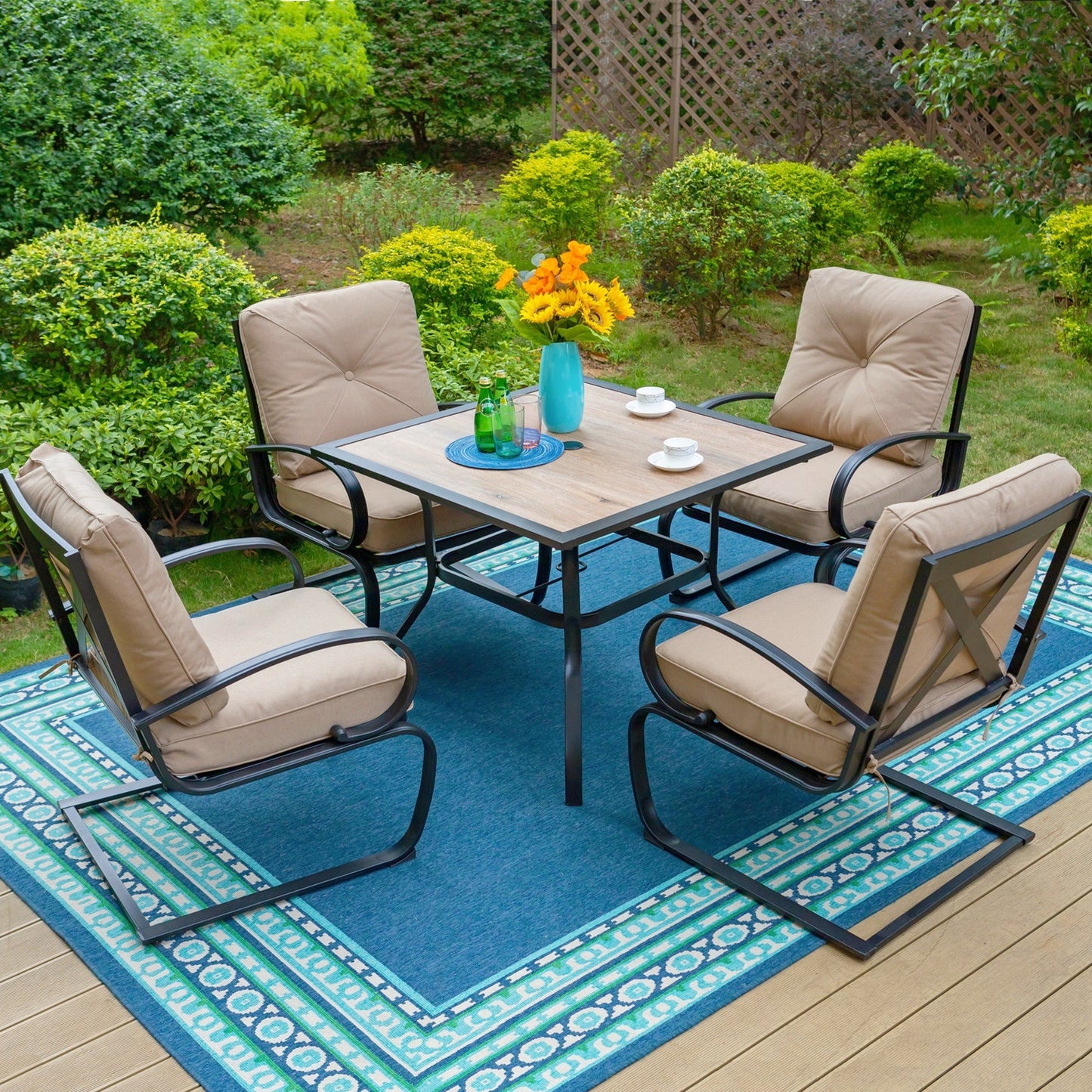 MF Studio 5-Piece Outdoor Dining Set with Four C-Shape Rocking Chairs & Faux Wood Table, Black Steel Frame & Beige Cushions