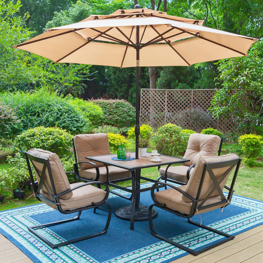 MF Studio 6-Piece Outdoor Patio Set with 10 ft Umbrella, C-Spring Rocking Chairs & Faux Wood Table, Black & Beige