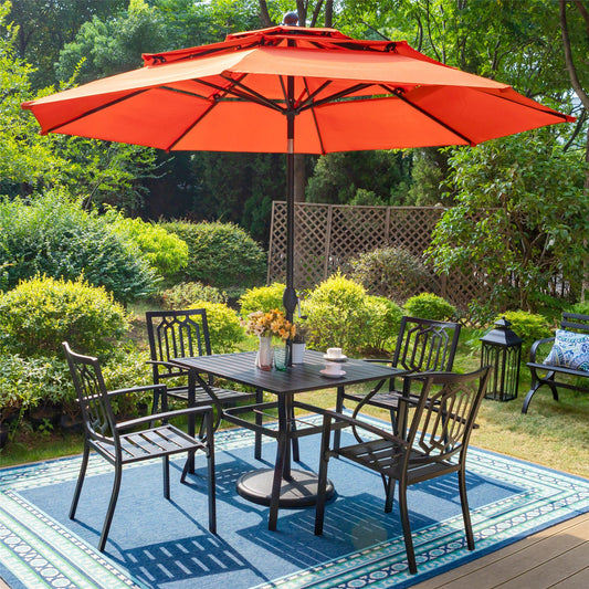 MF Studio 6-Piece Outdoor Patio Set with 10 FT Umbrella , 4 Metal Steel Stacking Chairs &1 PC Square Dining Table, All Weather-resistant, Orange Red Umbrella