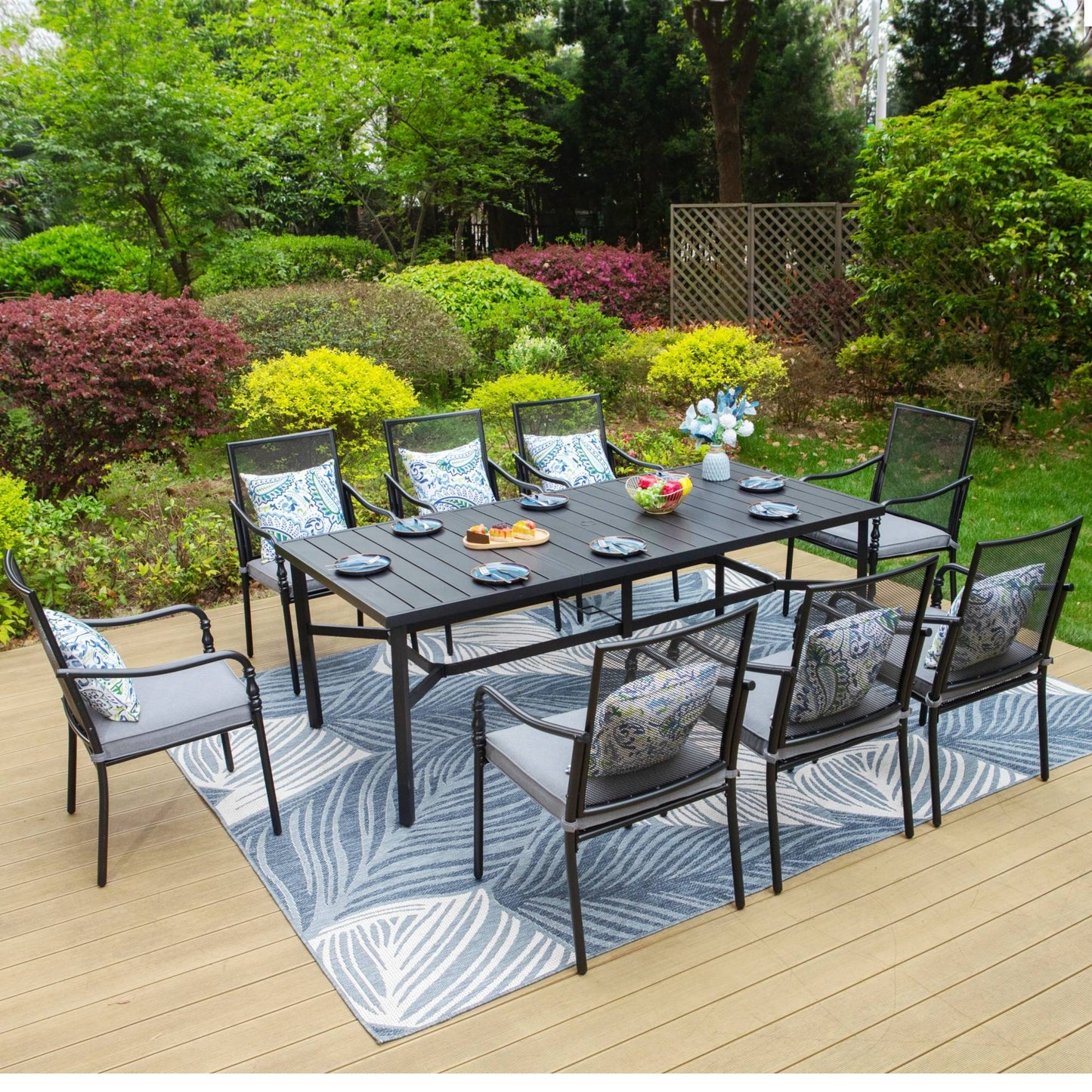 Summit Living 9-Piece Outdoor Dining Set, 8 PCS Steel Mesh Back Chairs with Cushions & 1 Large Rectangle Table with Umbrella Hole, Black & Gray