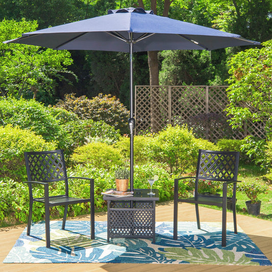 MF Studio 4-Piece Outdoor Patio Bistro Set with 9 ft Umbrella, Side Table & Two Stacking Chairs, Black & Navy Blue